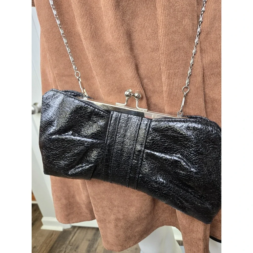 Black Clutch bag purse‎ removable chain strap kiss lock clasp bow formal evening